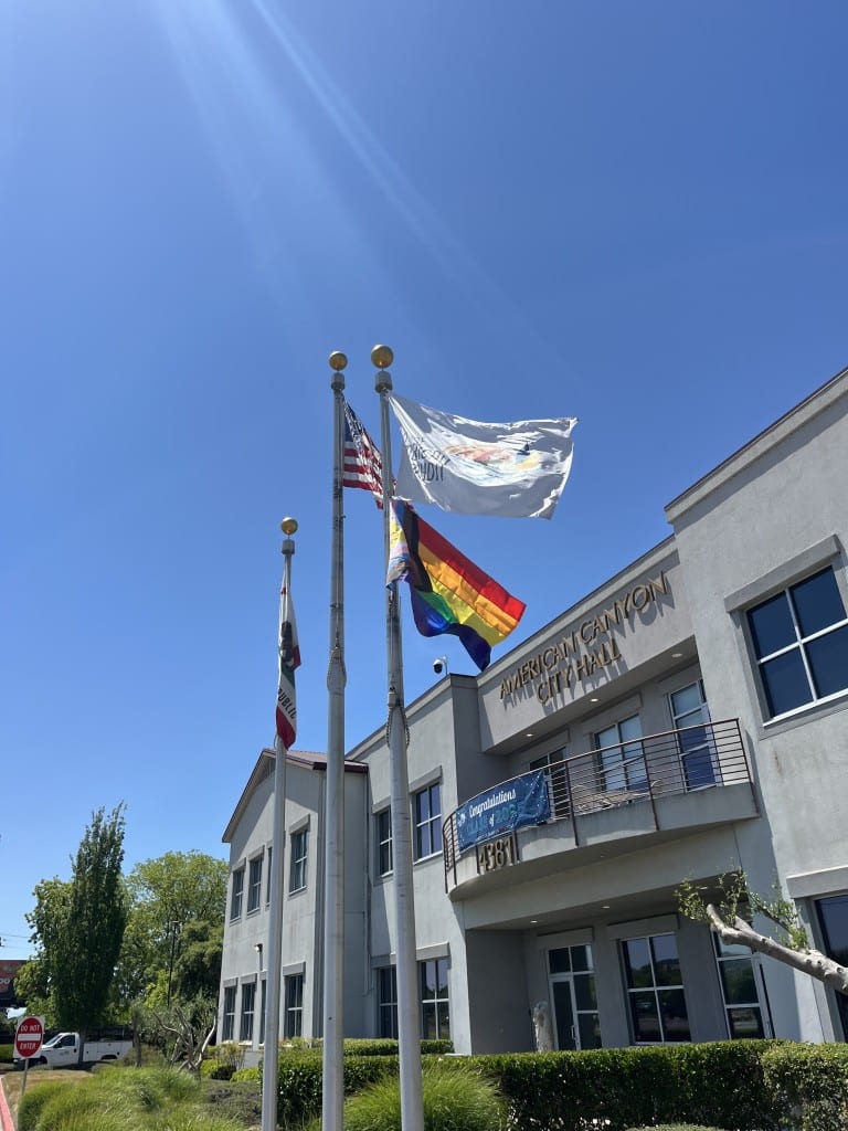 The Pride flag was raised at American Canyon City Hall on Friday, May 30. Photo by Xavey Bzdek