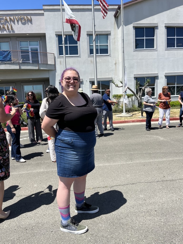Kylee Dalton, a program coordinator for LGBTQ Connection, attended the American Canyon Pride flag raising. Photo by Xavey Bzdek