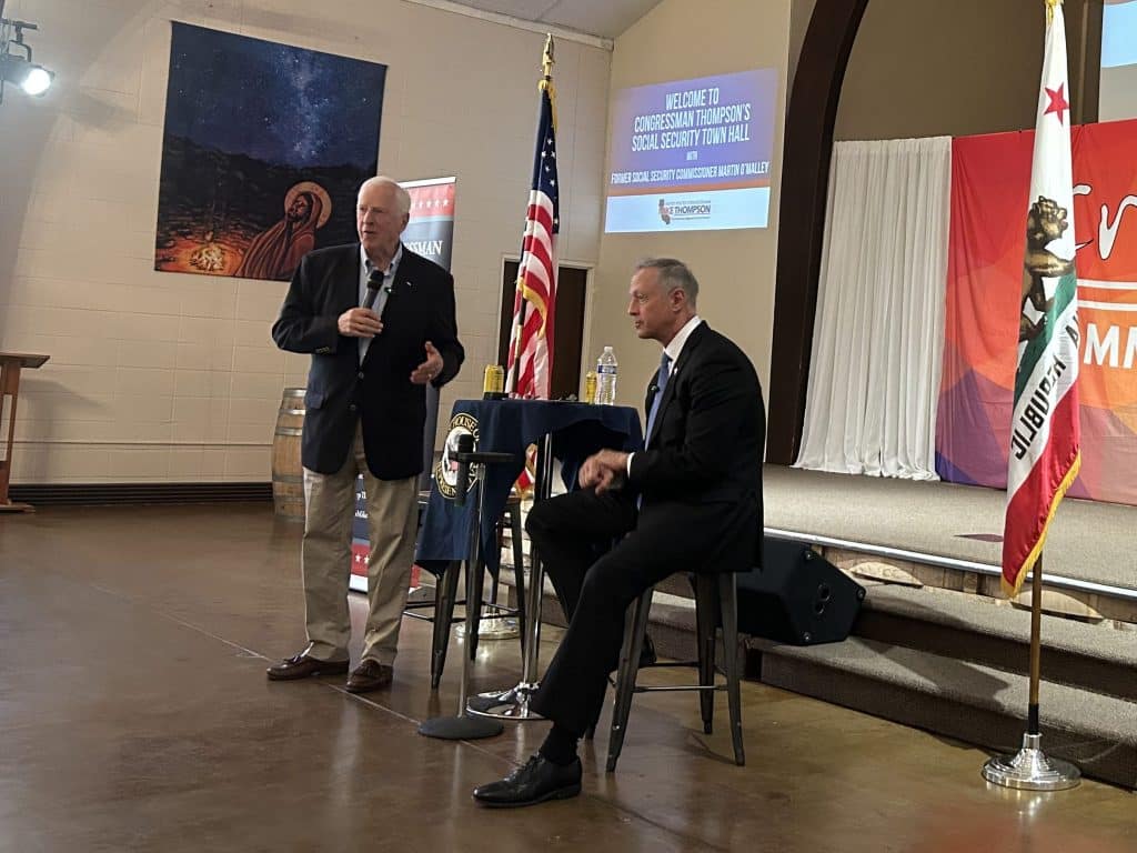 U.S. Rep. Mike Thompson and Martin O’Malley, former Maryland governor and commissioner of the Social Security Administration, answered questions about the future of Social Security at a town hall meeting in Napa on Wednesday, June 18. Fiona Ulrich photo