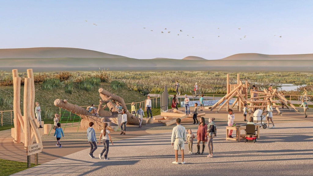 Digital rendering of the future outdoor community space. Napa River Ecology Center image